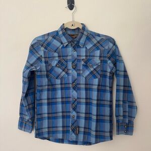 Wrangler Retro Boys Size L Blue Plaid Long Sleeve Collared Snap Shirt